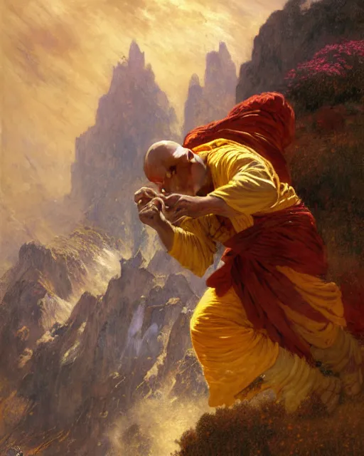 Prompt: epic illustration of a monk obliterating an entire mountain with a single punch, 4 k, trending on artstation, energetic, action, motion blur, by gaston bussiere, craig mullins, j. c. leyendecker, gustav klimt, artgerm, greg rutkowski, alphonse mucha