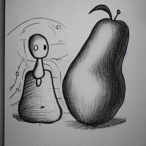 Prompt: a humanoid apple talking to a humanoid pear, drawn by daniel jonston