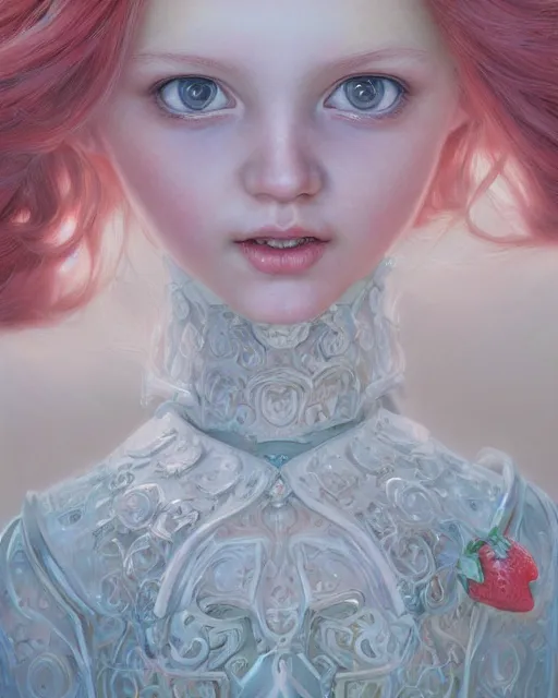 Image similar to strawberry shortcake portrait | highly detailed | very intricate | symmetrical | whimsical and magical | soft cinematic lighting | award - winning | closeup portrait | doll | painted by donato giancola and mandy jurgens and ross tran | pastel color palette | featured on artstation