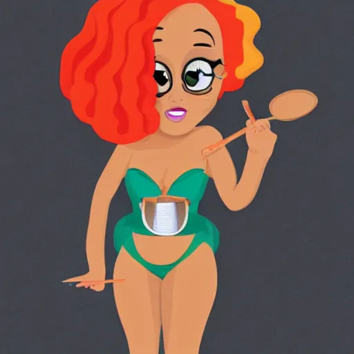 Image similar to Cartoon caricature of Doja Cat with a spoon in her hand