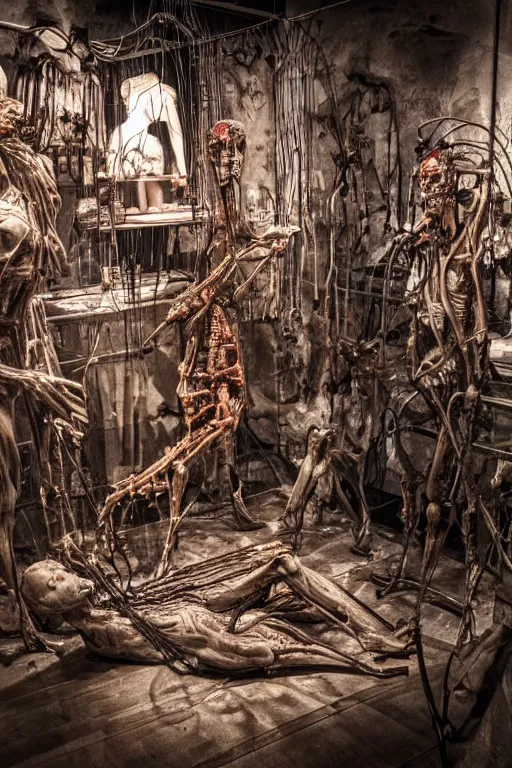 Prompt: inside a museum, a room where anatomical flesh body parts are piece of arts at night biomechanical, filth and grim, wires and strings, very detailed, ultra realistic photography, grainy image