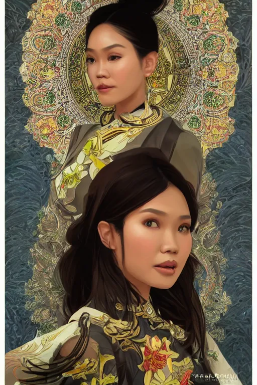 Image similar to portrait of an indonesian celebrity wearing tradistional dress, highly detailed, digital painting, artstation, concept art, sharp focus, illustration, art by kittichai rueangchaichan and james gurney and alphonse mucha