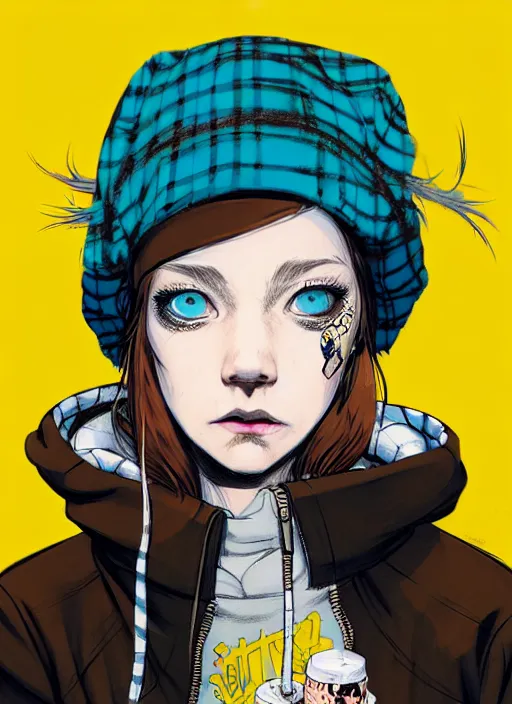 Prompt: highly detailed portrait of a sewer punk lady student, blue eyes, tartan hoody, hat, white hair by atey ghailan, by greg tocchini, by kaethe butcher, by alex horley, by bruce timm, gradient yellow, black, brown and cyan color scheme, grunge aesthetic!!! ( ( graffiti tag wall ) )