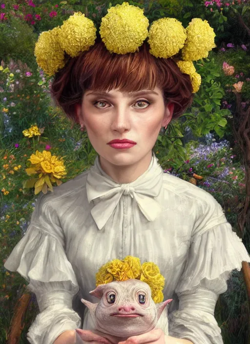 Prompt: close-up portrait of young white witch, with short yellow hairstyle, two pigtails hairstyle, with a cute toad, in the garden, in white messy flower crown of white wild flowers, in formal shirt with Hufflepuff TIE, painting in the museum, highly detailed, sharp focus, digital painting, artwork by Kinkade, by Victor Adame Minguez by Yuumei by Tom Lovell by Sandro Botticelli