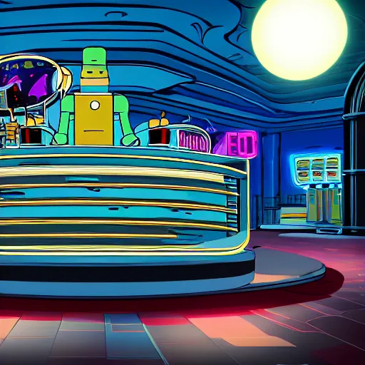 Prompt: bender from futurama running a futuristic casino while watching the action on the floor from a balcony, matte painting, landscape, 8 k, ultrafine,