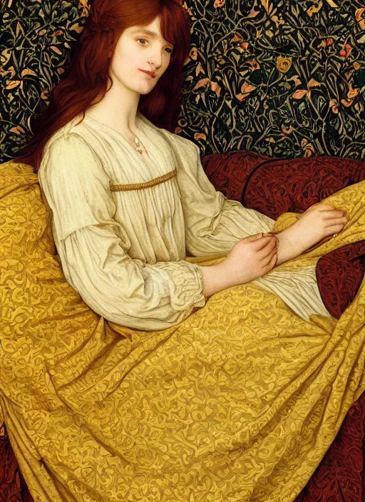 Image similar to preraphaelite portrait photography reclining on bed, brown hair fringe, yellow ochre ornate medieval dress, william morris, 4 k