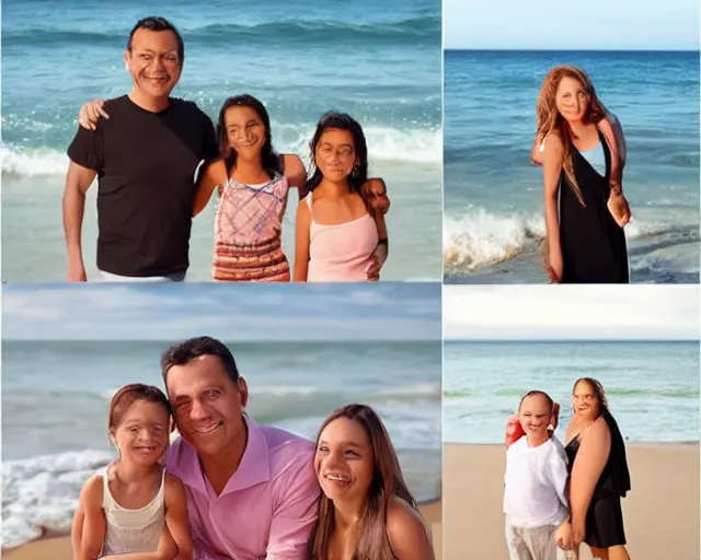 Prompt: happy father, mother, son, daughter, pose portrait on beach, realistic faces