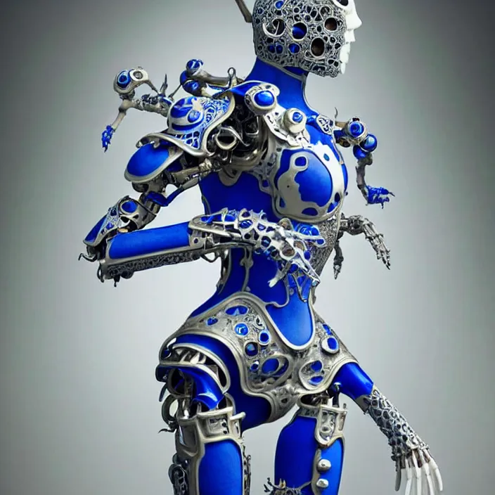 Image similar to bone cyborg armor, chinese blue and white porcelain 1 4 th century, diffuse lighting, fantasy, intricate, elegant, highly detailed, lifelike, photorealistic, digital painting, artstation, illustration, concept art, smooth, sharp focus, art by john collier and albert aublet and krenz cushart and artem demura and alphonse mucha