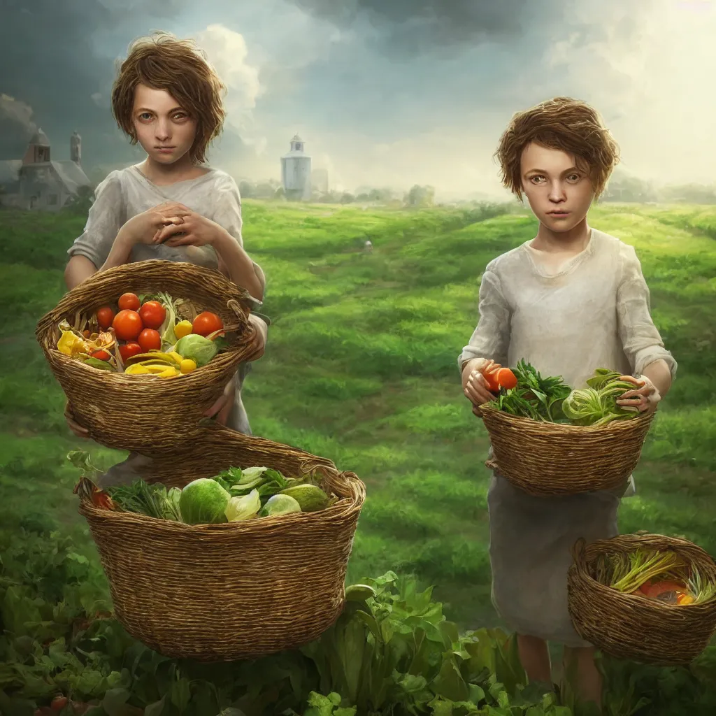 Prompt: portrait of single beautiful child holding a basket of vegetables, green farm lands behind, elegant, highly detailed, digital painting, concept art, smooth, sharp focus, illustration, divine realm of gods, realistic cinematic style, filmed in 70mm, volumetric lighting, octane render, photographic, concept art, artist Dr Zeus, unreal engine 8k