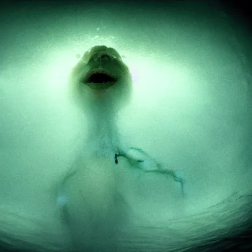 Image similar to sea monster about to eat pov underwater, pale skin, dark yellowish water, foggy water, dark, dramatic,'silent hill ', big eyes, alluring and terrifying, cinematic