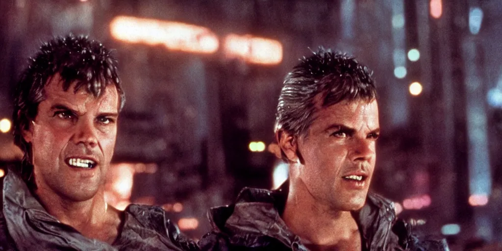 Prompt: young Jack Nicholson as Rick Deckard on blade runner 1982, smiling, looking up, the city can be seen in the background, 35mm, movie still, in color, movie frame, detailed face, symmetrical face, 4k