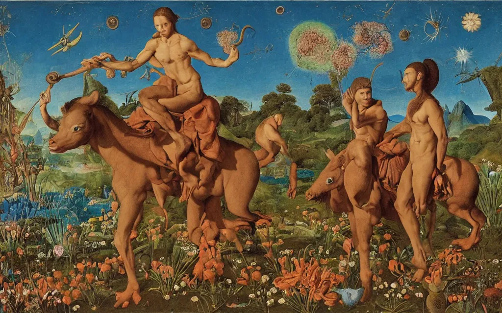 Image similar to a portrait photograph of a meditating satyr and a centaur monk riding a rocket machine and hunting at a river delta. surrounded by bulbous flowers and trees. mountain range under a blue sky of fiery stars. by jan van eyck, max ernst, ernst haeckel, ernst fuchs and artgerm, cgsociety, fashion editorial, 8 k