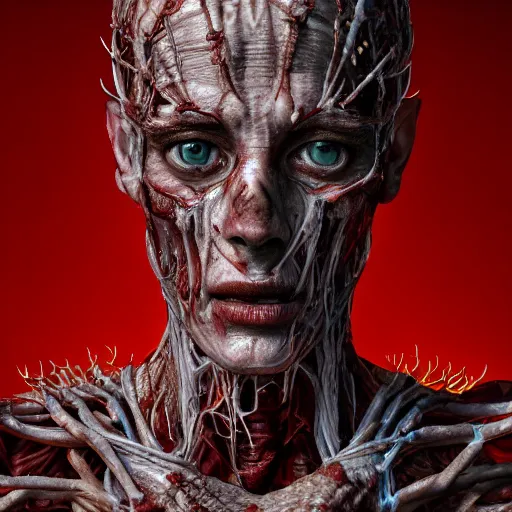 Image similar to portrait of Paimon, one of the kings of hell as human with translucent skin, visible muscles and veins and arteries and bones and spines and nerves, beautiful detailed intricate insanely detailed octane render, 8k artistic photography, photorealistic, chiaroscuro, by David Cronenberg, Raphael, Caravaggio