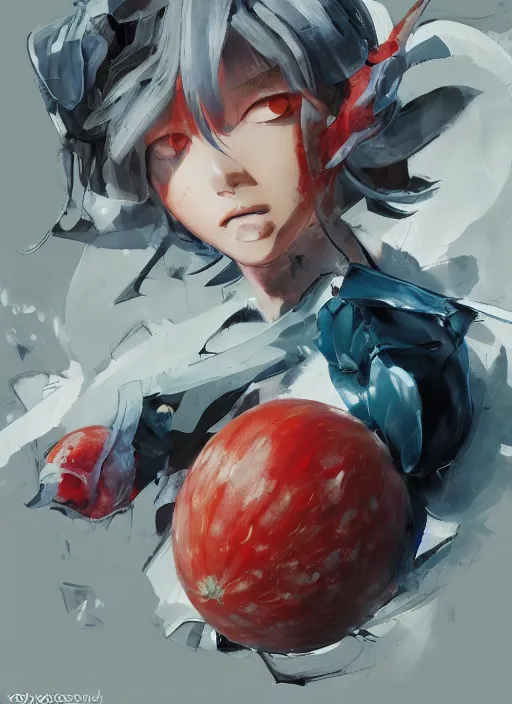 Image similar to semi reallistic gouache gesture painting, by yoshitaka amano, by ruan jia, by Conrad roset, by dofus online artists, detailed anime 3d render watermelon monster, watermelon terrible monster, antrophomorfic watermelon, portrait, cgsociety, artstation, rococo mechanical, Digital reality, sf5 ink style, dieselpunk atmosphere, gesture drawn