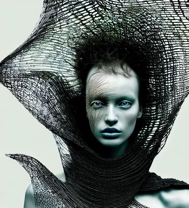 Image similar to photography face portrait of one female fashion model in rainforest, wearing one organic futurist shawl designed by iris van herpen,, creative colorfull - makeup, curly hair style half _ long, photography by paolo roversi nick knight, helmut newton, avedon, and araki, sky forest background, natural pose, highly detailed, skin grain detail