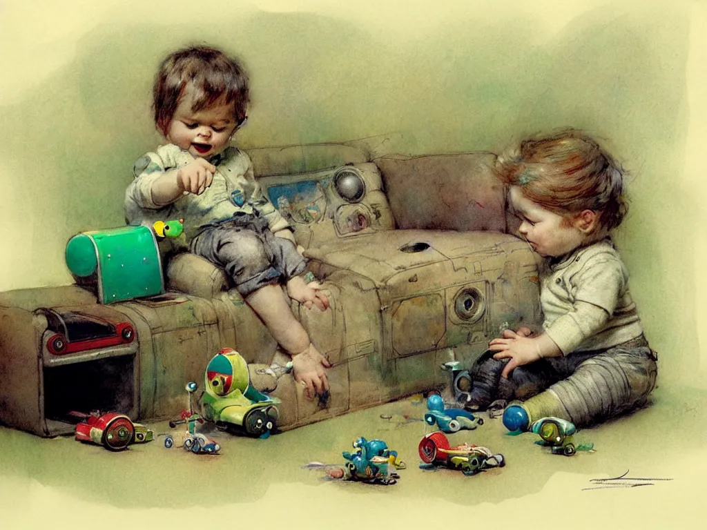 Image similar to toddler ( ( ( ( ( 1 9 5 0 retro future living room. muted colors. toys laying around ) ) ) ) ) by jean baptiste monge, chrome green