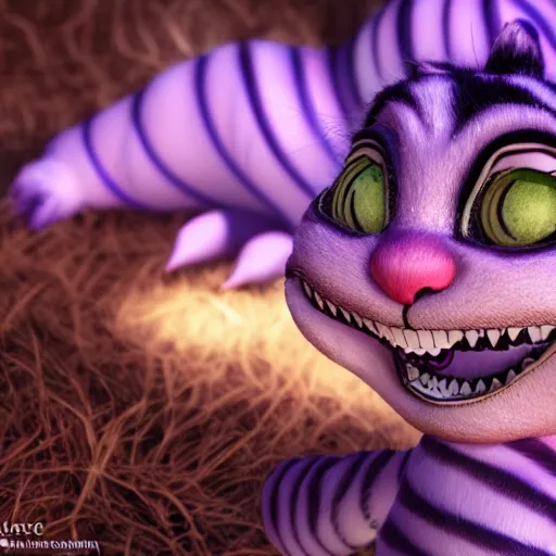 Prompt: smiling cheshire cat, doll figurine, alice in wonderland theme, octane render 8 k, disney inspired landscape, artstation, cinematic lighting, hd, ultra realistic