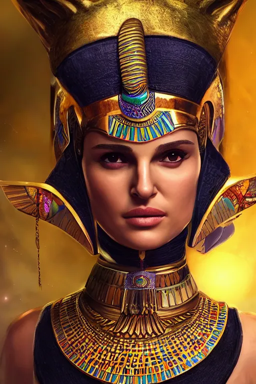 Prompt: natalie portman as egyptian cat goddess, vivid colors, high details, cinematic, 8k resolution, beautiful detailed, photorealistic, digital painting, artstation, concept art, smooth, sharp focus, illustration, fantasy background, artstation trending, octane render, unreal engine