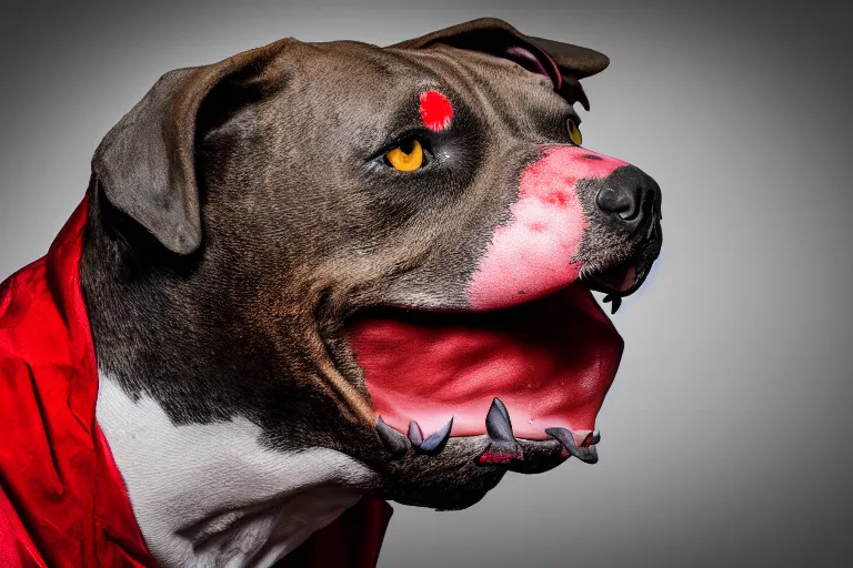 Prompt: side profile profile of a snarling pit bull wearing clown makeup and a red rubber nose, 4 k, hdr color