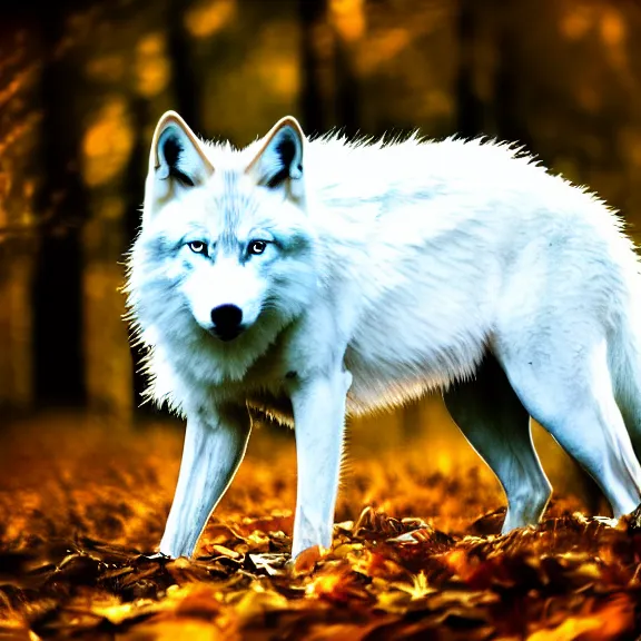 Image similar to white wolf with blue eyes stands in a dark night dormant autumn forest with magic moon in sky, no yellow color in eyes, no yellow color, realistic