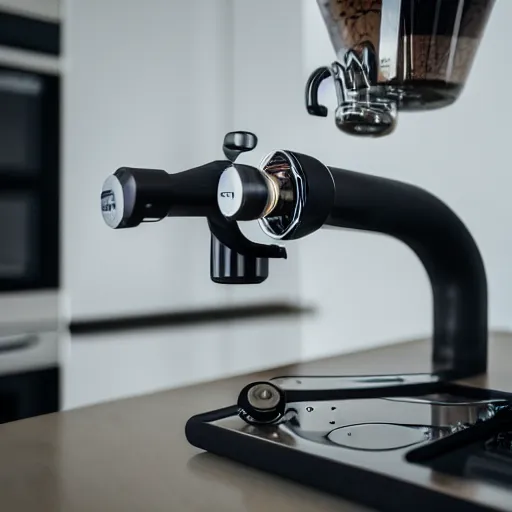 Image similar to dslr photo of a biomechanical coffee machine in a kitchen,