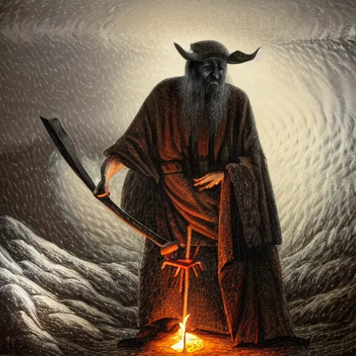 Image similar to gediminas pranckevicius the evil ian mckellen smithing on an anvil as gandalf in a dark viking hood playing odin all father crafting a neural network with golden synapses on an anvil with fire, highly detailed, cinematic shot, cinematic lighting, 8 k, exquisit facial detail, colored painting by gustave dore.