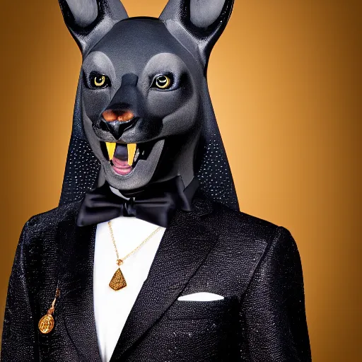 Image similar to portrait of Anubis wearing an elegant suit with a shiny gold necklace, looking at the camera, black background, studio light