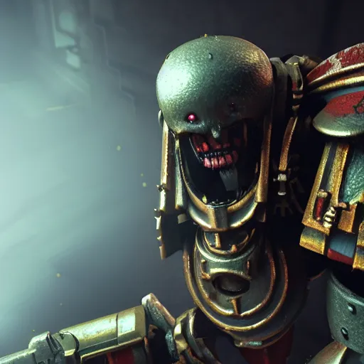 Image similar to very sad crying guardsman in a space hulk from warhammer 4 0 k darktide : : octane render, unreal engine 5, cinematic lighting : : face close up, crying eyes