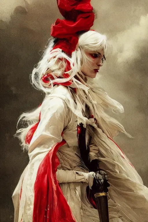 Image similar to a vampire with long light white hair and a red scarf, windy, ribbons, melancholic, modern maximalist harlequin fashion dress, is ( ( holding a golden sword ) ). light dust, magnificent, hyperdetailed, theatrical, painted by jean honore fragonard and greg rutkowski