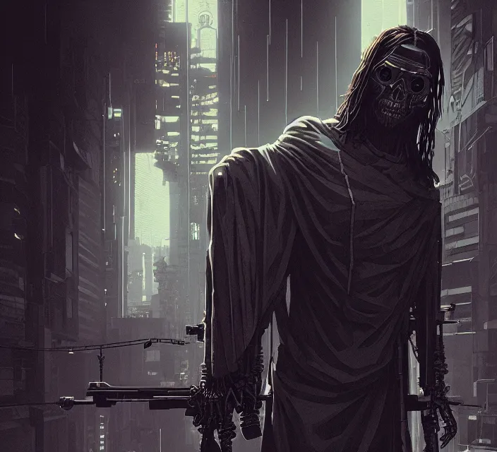 Image similar to cyberpunk skeleton jesus, noir, sharp focus, intricate, illustration, cell shaded, digital painting, highly detailed, matte, art by ilya kuvshinov, wlop, greg rutkowski, reflections, studio quality, james jean, artem demura