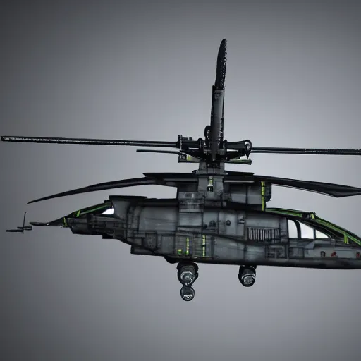 Prompt: cyberpunk concept inspired military helicopter, futuristic look, highly detailed body, very expensive, photorealistic camera shot, bright studio setting, studio lighting, crisp quality and light reflections, unreal engine 5 quality render