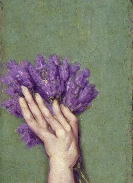 Prompt: by famous 1 9 th century painter, hand, lavender nail polish, realism, pretty, green wallpaper background!