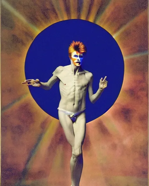 Image similar to david bowie as a ziggy stardust levitating and surrounded by transcendental light by jean auguste dominique ingres, luminous orbs, labyrinthine, sacred, mystical