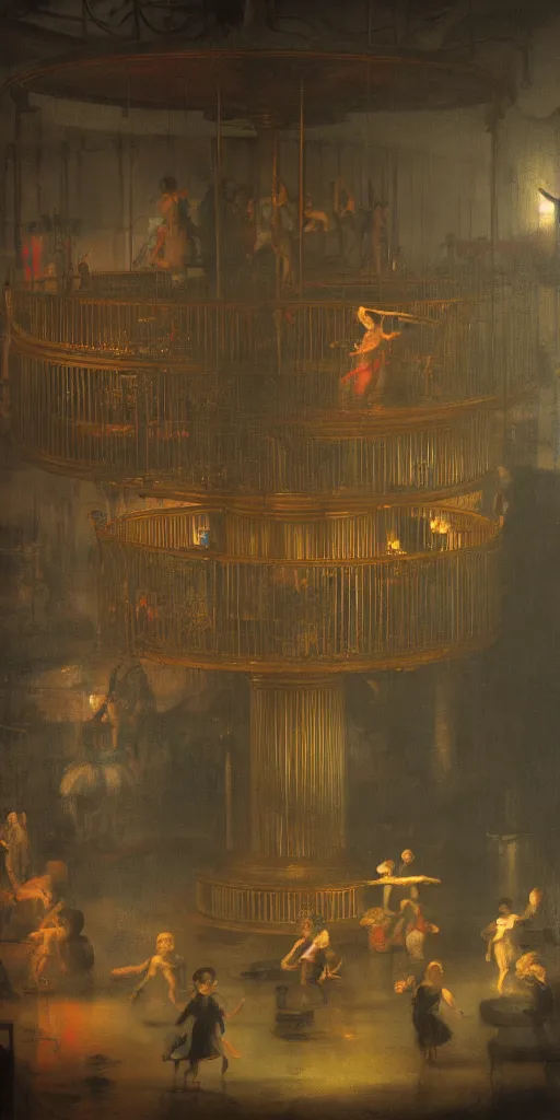 Prompt: a colorchrome shot of neoclassicism children in a detailed merry-go-round inside a old industrial flooded car factory with beautiful cinematic atmospheric lightning, style by Rembrandt rendered in unreal 8k