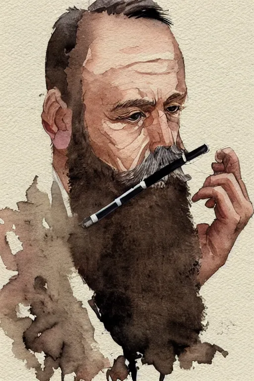 Image similar to portrait of a middle - aged writer with a beard, he is smoking a cigarette, watercolor style of greg rutkowski