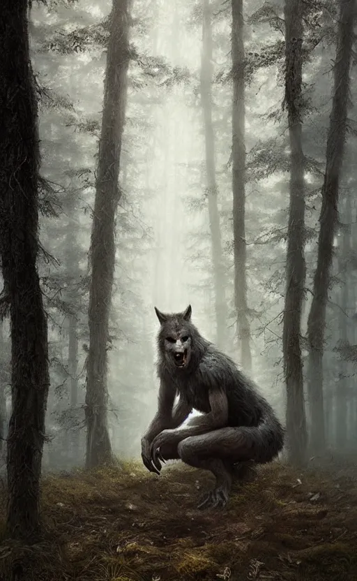 Image similar to hyperrealistic, Portrait of a werewolf crouched in a foggy forest, fantasy, yellow eyes, highly detailed, cinematic lighting, digital art painting by greg rutkowski