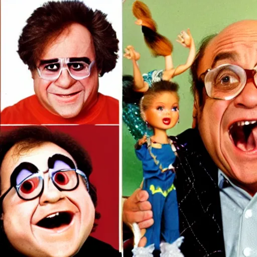 Image similar to danny devito obsessed with barbies 1 9 8 0 s children's show, detailed facial expressions