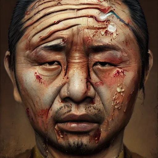 Prompt: photorealistic face portrait of chinese uyghur muslim prisoner, paint, wearing victorian rags, elite, disfigured, drooling, moist, unnatural movement, they are unhappy, bizzaro, renaissance, by emedios varo and anato finnstark and fenghua zhong and giacometti, hyperrealism, 8 k, 3 d, masterpiece, texture