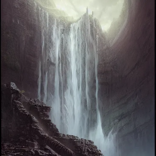 Prompt: waterfall emerging from the crumbling skull of a colossal ancient beast, by Andreas Rocha + Ted Nasmith, dark, epic, masterpiece, highly detailed, 8k resolution, trending on art station