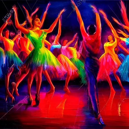Prompt: dark dancing silhuettes in a dance club, colorful lights, dramatic lighting, a lot of energy, oil painting