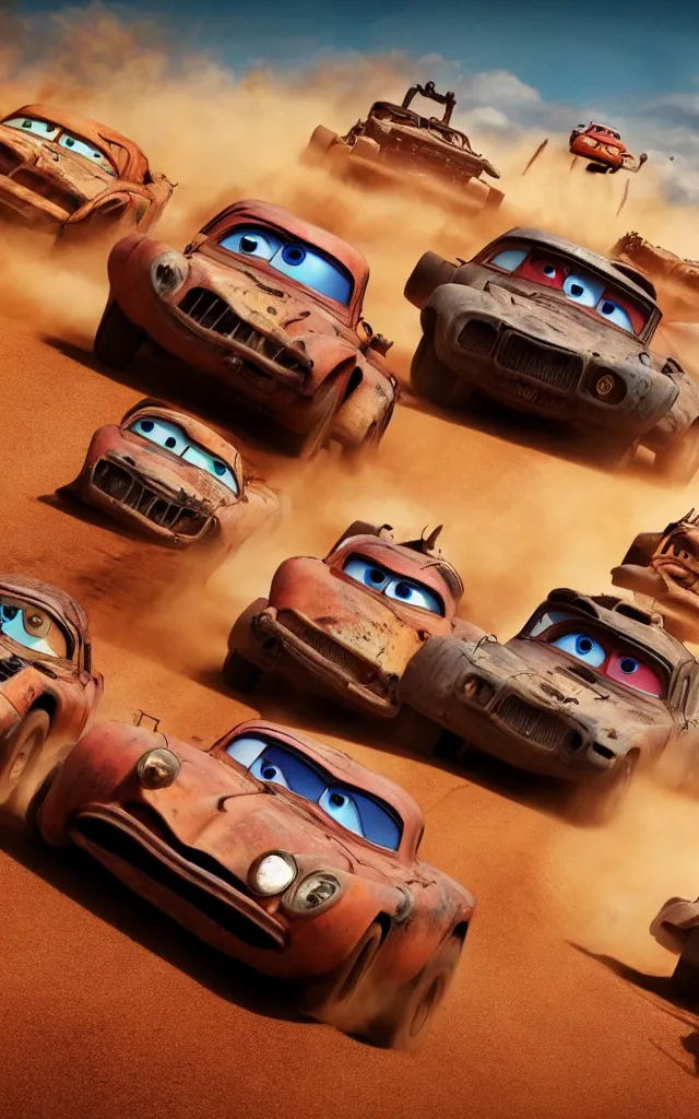 Image similar to pixar cars racing fast in the world of mad max fury road. 4 k ultra detailed
