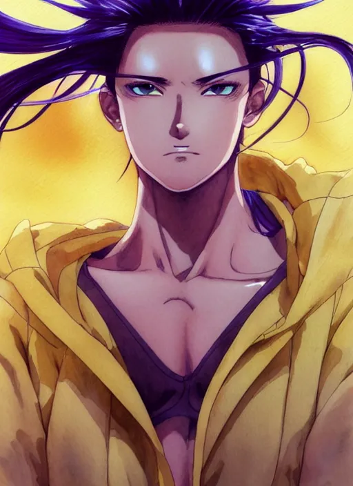 Image similar to Frontal portrait of a very very beautiful muscular anime girl with tanned skin and cream colored hair wearing a yellow raincoat, watercolor, digital painting, art by Kenichi Sonoda ((Moebius)) Makoto Shinkai ((Shirow Masamune)) and Katsuhiro Otomo, very detailed, sharp focus, digital painting, cyberpunk, high quality, color manga panel, hard shadows