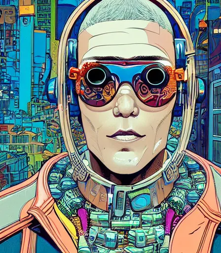 Prompt: hyper detailed comic illustration of a cyberpunk Sydney Sweeny wearing a futuristic sunglasses and a gorpcore jacket, markings on his face, by Josan Gonzalez and Geof Darrow, intricate details, vibrant, solid background, low angle fish eye lens
