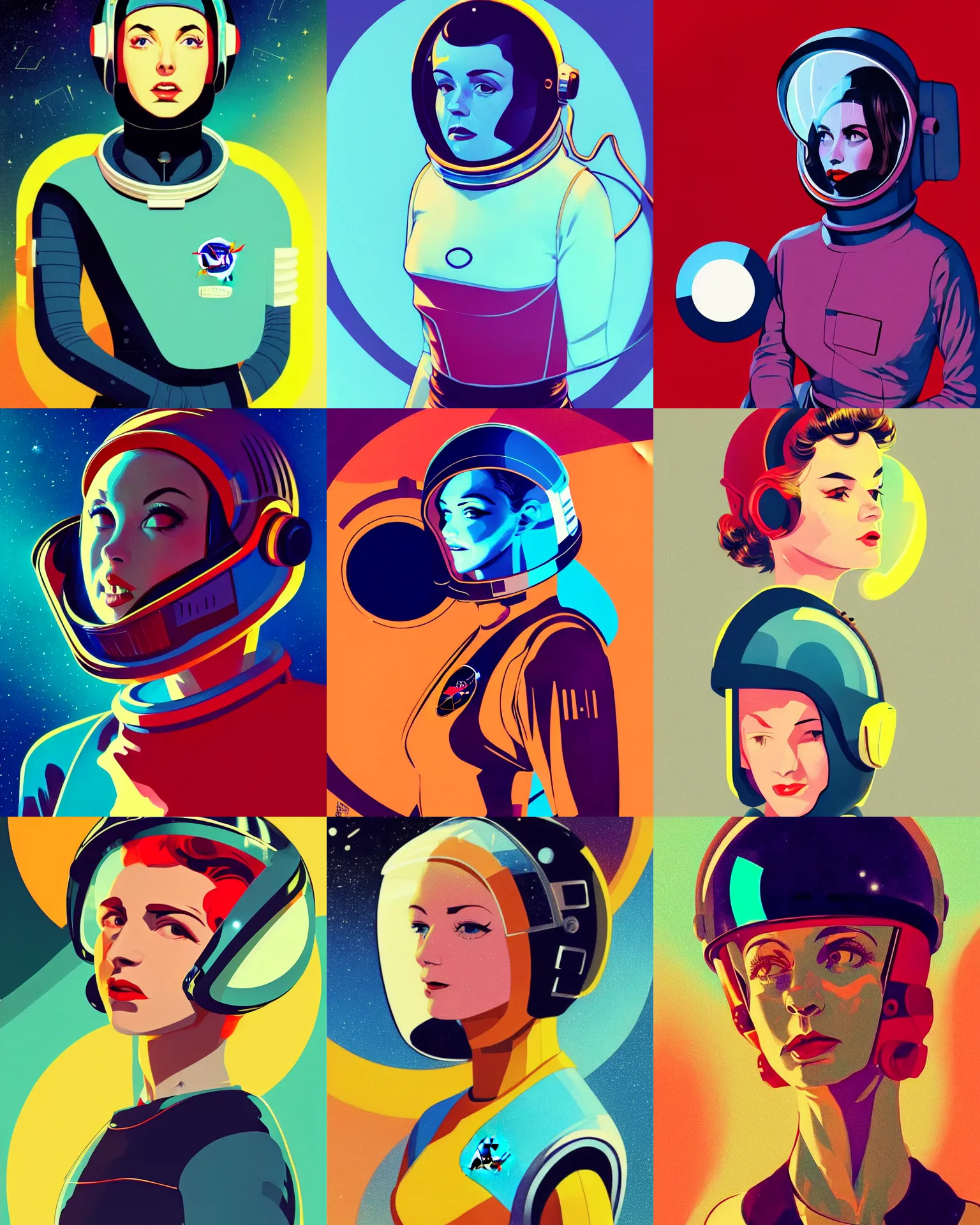 Prompt: babara eden 2 6 years old astronaut, retro space helmet, forbidden planet 1 9 5 6, retro futurism 1 9 5 0 s, half portrait by stanley artgerm, dramatic lighting, ilya kuvshinov, trending on artstation, flat colour, geometric curves, gradient filter, pleasing tone colours, space walk, by conrad roset