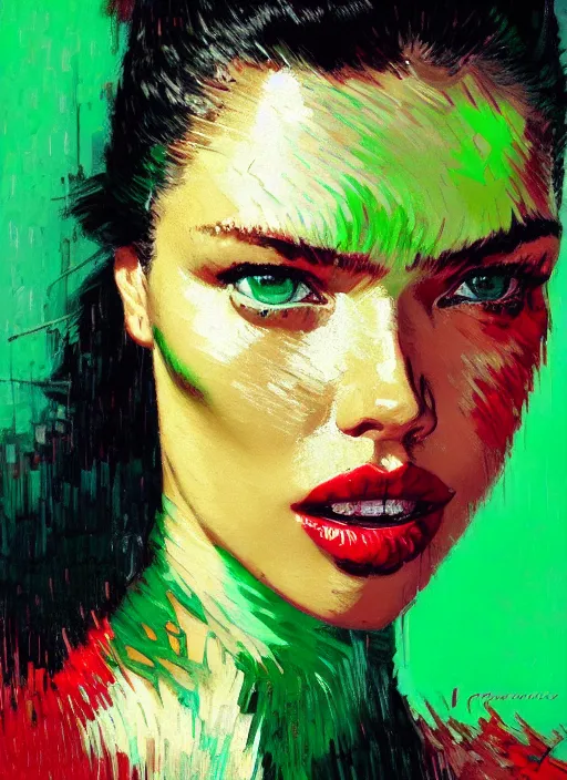 Image similar to close up portrait of adriana lima, sensual, ecstatic, shades green and red, beautiful face, rule of thirds, intricate outfit, spotlight, by greg rutkowski, by jeremy mann, by francoise nielly, by van gogh, digital painting