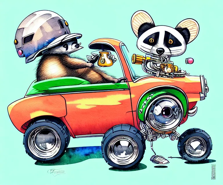 Prompt: cute and funny, racoon wearing a helmet riding in a tiny hot rod with oversized engine, ratfink style by ed roth, centered award winning watercolor pen illustration, isometric illustration by chihiro iwasaki, edited by range murata, tiny details by beeple, symmetrically isometrically centered