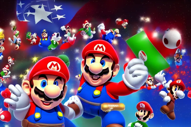 Image similar to super mario as the president of the usa giving a speech to the world, usa flag background, photorealistic, 8 k