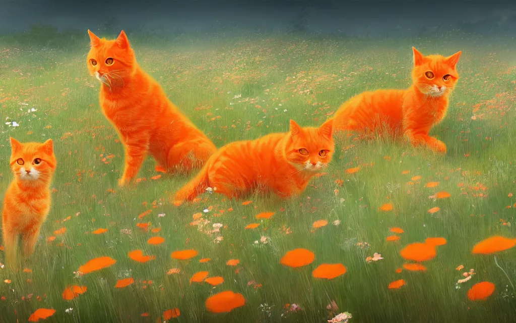 Image similar to cute orange cats in a field of flowers, digital illustration, by makoto shinkai and ruan jia