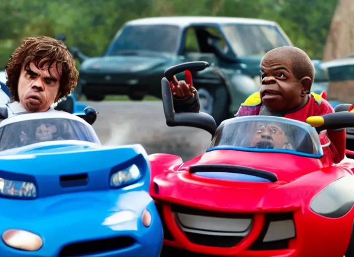 Image similar to peter dinklage racing gary coleman driving a little tikes cars, movie still, from the new fast and furious movie, 8 k, realistic