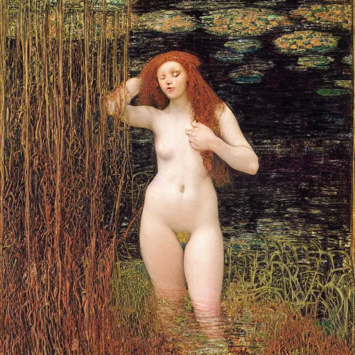 Image similar to ophelia under the river amongst the reeds, leonardo devinci, botticelli,, rosetti and monet, william holman hunt, 8 k